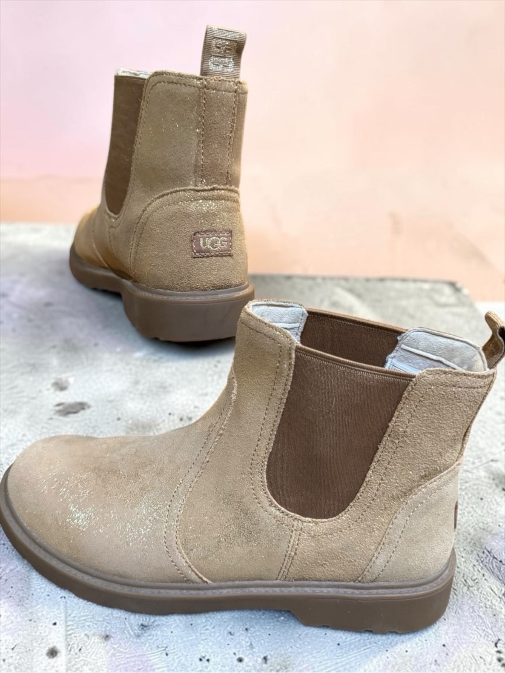 UGG Bolden Metallic Suede Gold Sparkle Chelsea Boots Womens 7.5 Big Kids 6 OBI
